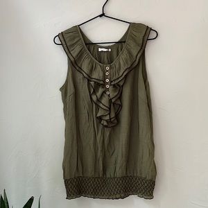 3/$30 MINE SEMI-SHEER BOHEMIAN OLIVE RUFFLE TOP M